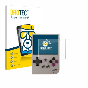 Face avant d’un emballage produit avec le logo de la marque BROTECT. À côté, l’appareil Anbernic RG35XX Plus est représenté av