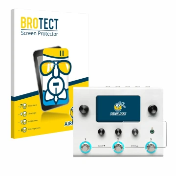 Face avant d’un emballage produit avec le logo de la marque BROTECT. À côté, l’appareil Hotone Ampero II Stomp est représenté 