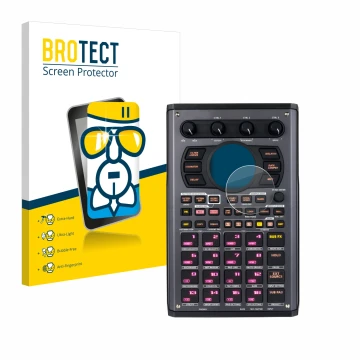 Face avant d’un emballage produit avec le logo de la marque BROTECT. À côté, l’appareil Roland SP-404MKII est représenté avec 