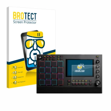 Face avant d’un emballage produit avec le logo de la marque BROTECT. À côté, l’appareil Akai MPC Live II est représenté avec l