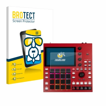 Face avant d’un emballage produit avec le logo de la marque BROTECT. À côté, l’appareil Akai MPC One+ est représenté avec la p