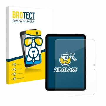 Face avant d’un emballage produit avec le logo de la marque BROTECT. À côté, l’appareil Apple iPad Air 11