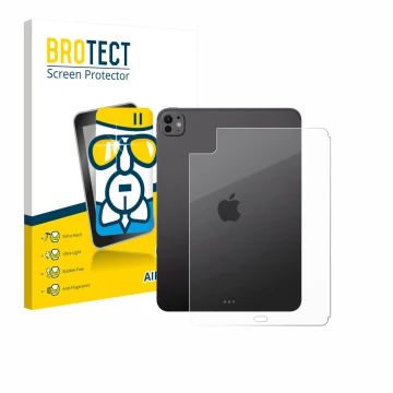 Face avant d’un emballage produit avec le logo de la marque BROTECT. À côté, l’appareil Apple iPad Pro 11