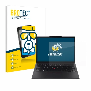 Face avant d’un emballage produit avec le logo de la marque BROTECT. À côté, l’appareil Lenovo ThinkPad T14s Gen 5 est représe