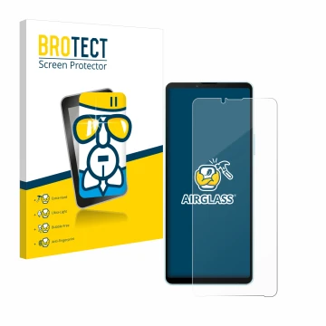 Face avant d’un emballage produit avec le logo de la marque BROTECT. À côté, l’appareil Sony Xperia 10 VI est représenté avec 