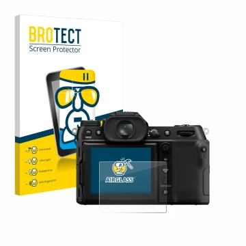 Face avant d’un emballage produit avec le logo de la marque BROTECT. À côté, l’appareil Fujifilm GFX100S II est représenté ave