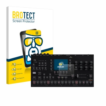 Face avant d’un emballage produit avec le logo de la marque BROTECT. À côté, l’appareil Elektron Octatrack MKII est représenté