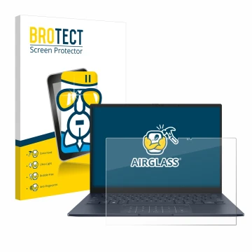 Face avant d’un emballage produit avec le logo de la marque BROTECT. À côté, l’appareil ASUS ZenBook 14 OLED UX3405 Touch est 