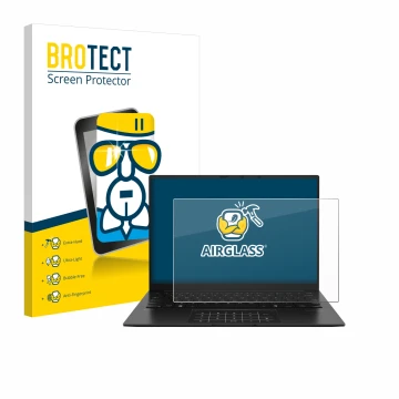 Face avant d’un emballage produit avec le logo de la marque BROTECT. À côté, l’appareil ASUS ZenBook 14 OLED UM3406 est représ