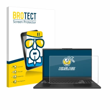 Face avant d’un emballage produit avec le logo de la marque BROTECT. À côté, l’appareil ASUS VivoBook Pro 15 OLED N6506 est re