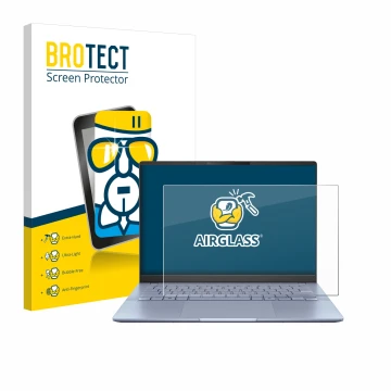 Face avant d’un emballage produit avec le logo de la marque BROTECT. À côté, l’appareil ASUS Vivobook S 14 OLED S5406 est repr