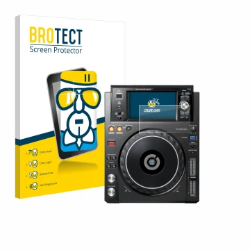 Face avant d’un emballage produit avec le logo de la marque BROTECT. À côté, l’appareil Pioneer XDJ -1000MK2 est représenté av