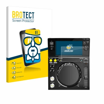 Face avant d’un emballage produit avec le logo de la marque BROTECT. À côté, l’appareil Pioneer XDJ -700 est représenté avec l