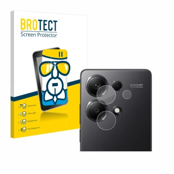 Face avant d’un emballage produit avec le logo de la marque BROTECT. À côté, l’appareil Xiaomi Redmi Note 13 Pro 4G (Caméra UN