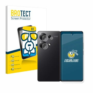 Face avant d’un emballage produit avec le logo de la marque BROTECT. À côté, l’appareil Xiaomi Redmi Note 13 Pro 4G (Avant+Cam