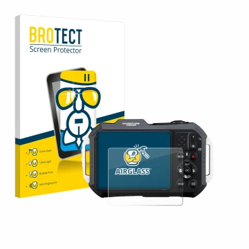 Face avant d’un emballage produit avec le logo de la marque BROTECT. À côté, l’appareil Ricoh Pentax WG-1000 est représenté av