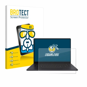 Face avant d’un emballage produit avec le logo de la marque BROTECT. À côté, l’appareil ASUS ProArt P16 est représenté avec la