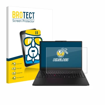 Face avant d’un emballage produit avec le logo de la marque BROTECT. À côté, l’appareil Lenovo ThinkPad P16s Gen 3 est représe