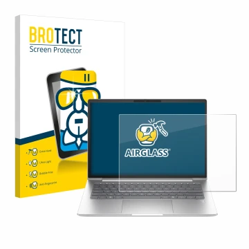 Face avant d’un emballage produit avec le logo de la marque BROTECT. À côté, l’appareil HP EliteBook 645 G11 est représenté av