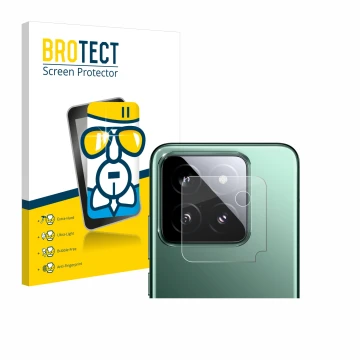 Face avant d’un emballage produit avec le logo de la marque BROTECT. À côté, l’appareil Xiaomi 14 (Caméra UNIQUEMENT) est repr