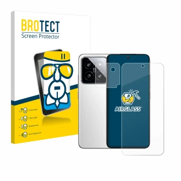 Face avant d’un emballage produit avec le logo de la marque BROTECT. À côté, l’appareil Xiaomi 14 (Avant+Caméra) est représent