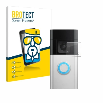 Face avant d’un emballage produit avec le logo de la marque BROTECT. À côté, l’appareil Ring Battery Video Doorbell Pro est re