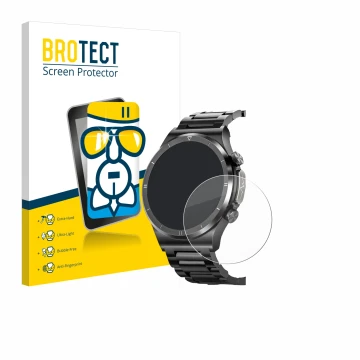 Face avant d’un emballage produit avec le logo de la marque BROTECT. À côté, l’appareil Powerwill Smartwatch 1.39