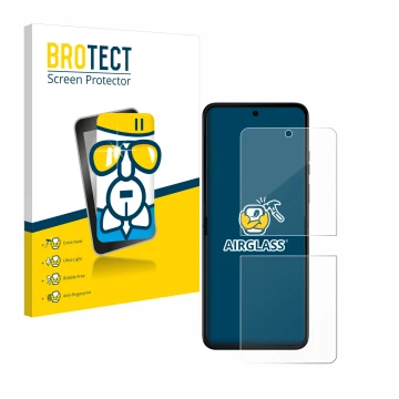 Face avant d’un emballage produit avec le logo de la marque BROTECT. À côté, l’appareil Motorola Razr 50 est représenté avec l