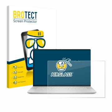 Face avant d’un emballage produit avec le logo de la marque BROTECT. À côté, l’appareil Dell XPS 16 9640 est représenté avec l