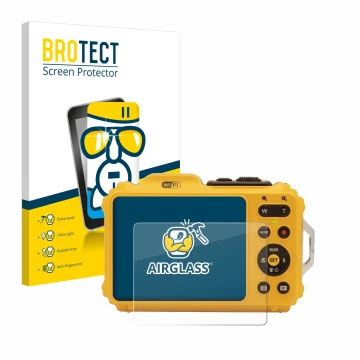 Face avant d’un emballage produit avec le logo de la marque BROTECT. À côté, l’appareil Kodak Pixpro WPZ2 est représenté avec 