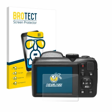 Face avant d’un emballage produit avec le logo de la marque BROTECT. À côté, l’appareil Kodak Pixpro AZ255 est représenté avec