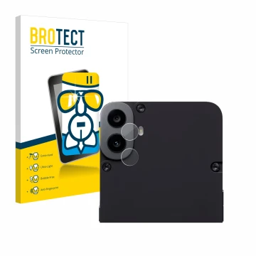 Face avant d’un emballage produit avec le logo de la marque BROTECT. À côté, l’appareil Nothing CMF Phone 1 (Caméra UNIQUEMENT