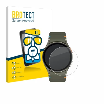 Face avant d’un emballage produit avec le logo de la marque BROTECT. À côté, l’appareil Samsung Galaxy Watch 7 (40 mm) est rep