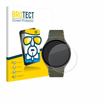 Face avant d’un emballage produit avec le logo de la marque BROTECT. À côté, l’appareil Samsung Galaxy Watch 7 (44 mm) est rep