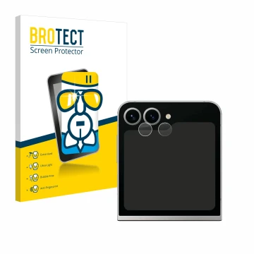 Face avant d’un emballage produit avec le logo de la marque BROTECT. À côté, l’appareil Samsung Galaxy Z Flip 6 (Caméra UNIQUE