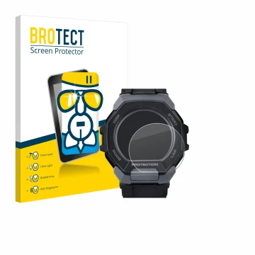 Face avant d’un emballage produit avec le logo de la marque BROTECT. À côté, l’appareil Casio G-Shock G-Squad GBD-300 est repr