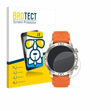 Face avant d’un emballage produit avec le logo de la marque BROTECT. À côté, l’appareil Bytelike Smartwatch 1.43