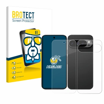 Face avant d’un emballage produit avec le logo de la marque BROTECT. À côté, l’appareil Google Pixel 9 Pro (Avant+Arrière) est