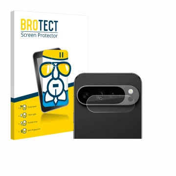 Face avant d’un emballage produit avec le logo de la marque BROTECT. À côté, l’appareil Google Pixel 9 Pro XL (Caméra UNIQUEME