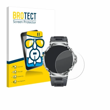 Face avant d’un emballage produit avec le logo de la marque BROTECT. À côté, l’appareil Smartwatch V69 1.85