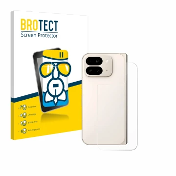 Face avant d’un emballage produit avec le logo de la marque BROTECT. À côté, l’appareil Google Pixel 9 Pro Fold (Arrière) est 