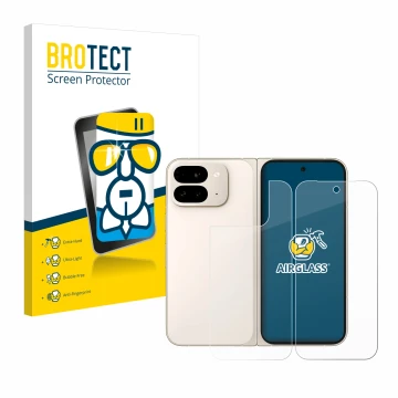 Face avant d’un emballage produit avec le logo de la marque BROTECT. À côté, l’appareil Google Pixel 9 Pro Fold (Avant+Arrière
