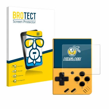 Face avant d’un emballage produit avec le logo de la marque BROTECT. À côté, l’appareil Miyoo Mini V4 est représenté avec la p