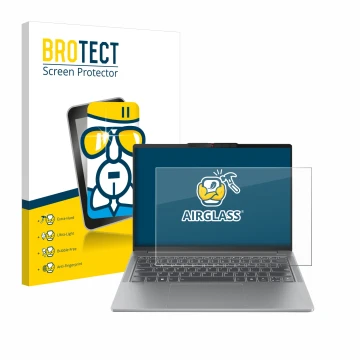 Face avant d’un emballage produit avec le logo de la marque BROTECT. À côté, l’appareil Lenovo IdeaPad Pro 5 14AHP9 est représ