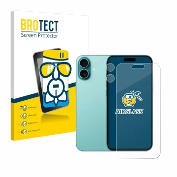 Face avant d’un emballage produit avec le logo de la marque BROTECT. À côté, l’appareil Apple iPhone 16 Plus (Avant+Caméra) es