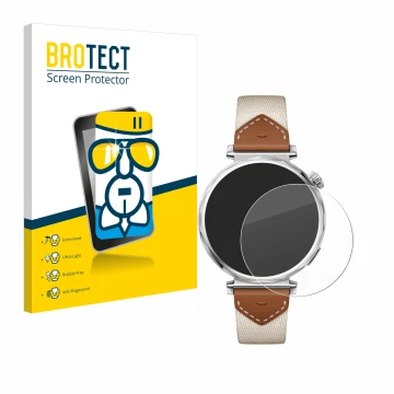 Face avant d’un emballage produit avec le logo de la marque BROTECT. À côté, l’appareil Huawei Watch GT 5 (41 mm) est représen