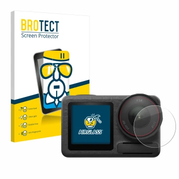 Face avant d’un emballage produit avec le logo de la marque BROTECT. À côté, l’appareil DJI Osmo Action 5 Pro (Lentille) est r
