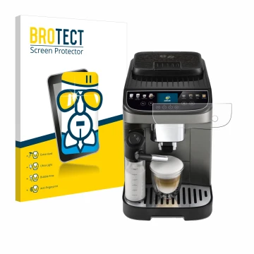 Face avant d’un emballage produit avec le logo de la marque BROTECT. À côté, l’appareil DeLonghi Magnifica Evo Next est représ