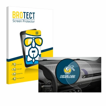 Face avant d’un emballage produit avec le logo de la marque BROTECT. À côté, l’appareil Mini Cooper Electric BJ 2024 est repré