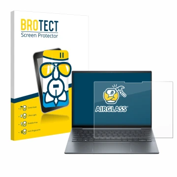 Face avant d’un emballage produit avec le logo de la marque BROTECT. À côté, l’appareil HP Dragonfly 13.5